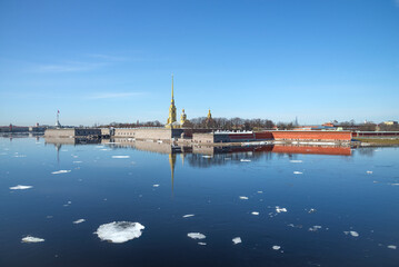 Spring day at the walls of the Peter and Paul Fortress. Saint Petersburg