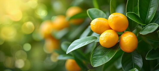 Kumquat in the wild growing on a tree under the rays of the sun
