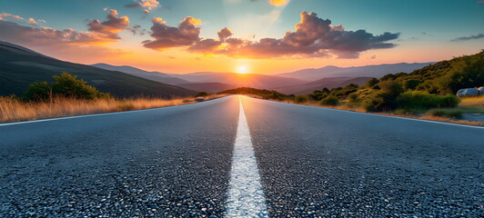 Exciting journey. Close shot of the road. Sunset in the background. - Powered by Adobe