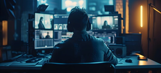 A guy works at a computer at night with backlight. Video editing. Shooting. Photo from the back
