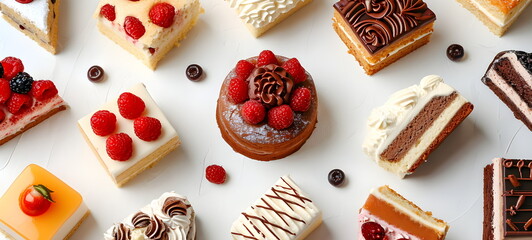 Assorted desserts on a white background. Fresh berries