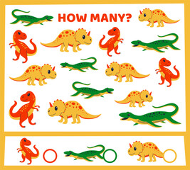 Cartoon dino. Dinosaurs counting. Preschool kids worksheet. Workbook test. Children math logic game. Prehistoric animals. Identical reptiles finding. Jurassic lizards. Vector educational puzzle design