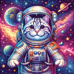 A cartoon cat astronaut in space, with a clear helmet, floating among stars, planets, and a colorful nebula