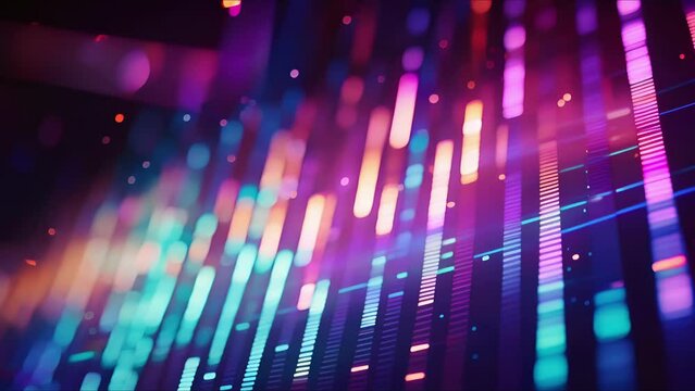 Closeup of an LED screen displaying the bands name and colorful visuals.