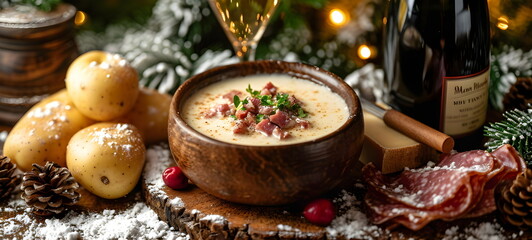 Cheese soup, christmas table setting