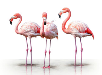 Fototapeta premium Gracefully standing three elegant pink flamingos, cut out