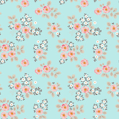 Seamless vector pattern with a bouquet of bright vintage-style flowers on a turquoise background. Pale pink roses, white flowers and beige leaves.