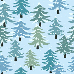 Obraz premium Vector seamless pattern of a Christmas tree on a blue background. Print of winter forest, pines and snowflakes for fabric, wrapping paper or wallpaper.