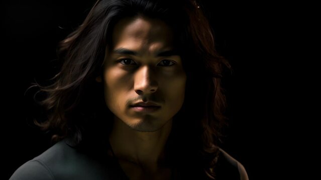 A confident Asian man holds his chin high radiating a strong sense of selfexpression. His tousled shoulderlength hair loose shirt and piercing gaze coming together in an expression