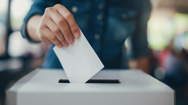 Hand mit Wahlzettel im Wahlb&uuml;ro steckt Wahlzettel in Kasten Briefkasten Wahlurne Generative AI