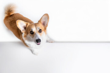 Corgi dog climbs up on white mockup and looking at the camera. copy space,top view.Banner,advertisement.