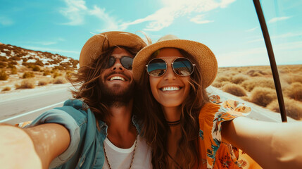 Happy young couple taking selfie on the road on a sunny day. Travel and adventure concept. - obrazy, fototapety, plakaty