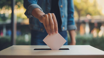 Hand mit Wahlzettel im Wahlbüro steckt Wahlzettel in Kasten Briefkasten Wahlurne Generative AI