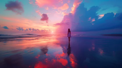 Fotobehang Silhouette of a woman on the beach staring at the dreamy colorful sky. © Faith Stock
