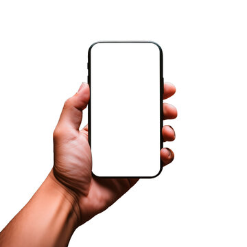 One male hand holding phone vertically mockup isolated