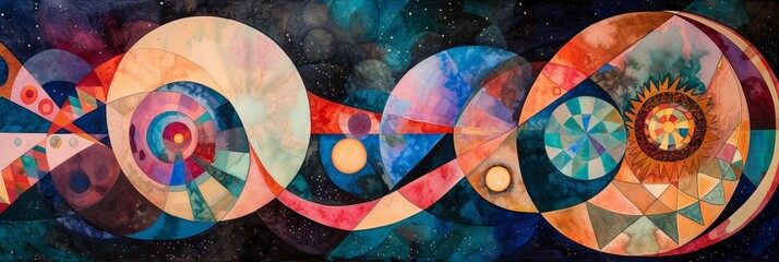 Watercolor Painting of Starry Sky, Moon, Sun and Gears - Detailed Vivid Abstract Geometric Surrealism Wallpaper created with Generative AI Technology - obrazy, fototapety, plakaty