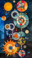 Watercolor Painting of Starry Sky, Moon, Sun and Gears - Detailed Vivid Abstract Geometric Surrealism Wallpaper created with Generative AI Technology