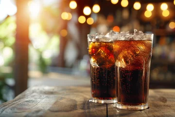 Foto op Plexiglas cola drinks with ice in the glass on table at home background with copy space © Amer
