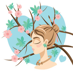 Portrait of a girl against the background of a flowering tree. Simple flat vector illustration. Spring, unity with nature, Earth Day, respect for the environment.