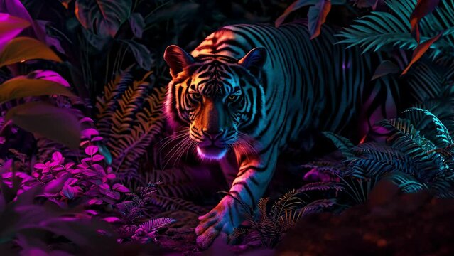 A neon tiger prowls through the plants its stripes glowing in the vibrant jungle.