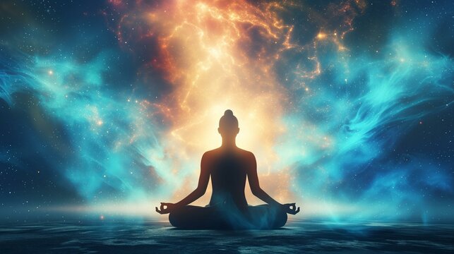 meditating body silhouette with chacras and cosmic energy