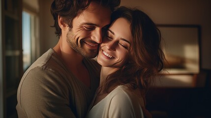 couple in love man and woman smiling while hugging together at home