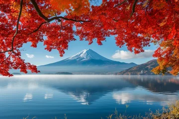 Foto op Canvas Colorful Autumn Season and Mountain Fuji with morning fog and red leaves at lake Kawaguchiko is one of the best places in Japan © Amer