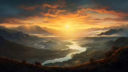 Landscape scenery illustrations,,
Sunset over the majestic mountain creates a tranquil seascape beauty
