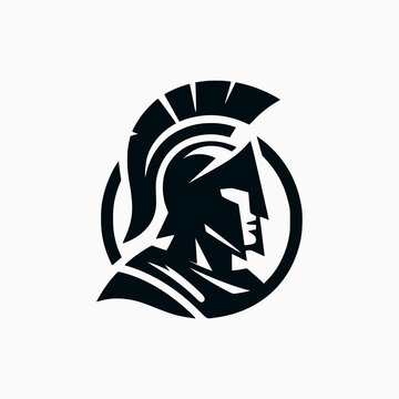 flat logo vector Spartan with sword and shield, black color on white background.