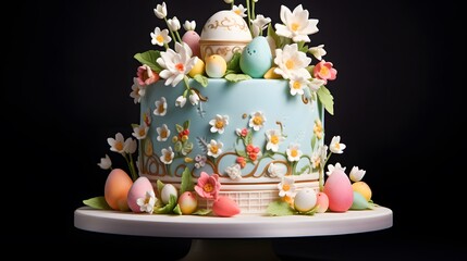 A beautifully decorated Easter cake topped with spring-themed fondant art.
