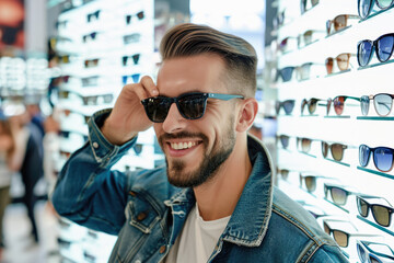 Handsome young man in sunglasses looking at camera and smiling while standing in shop