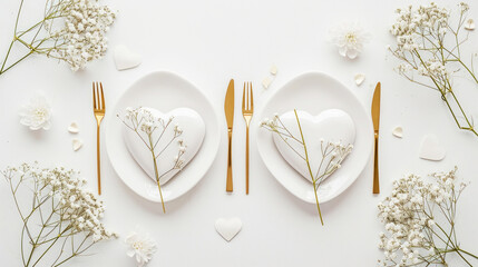 Aesthetically decorated table with heart-shaped plates and gold cutlery. Festive concept. Top view. Generative AI
