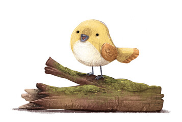 Yellow bird on a fallen branch - 720319256