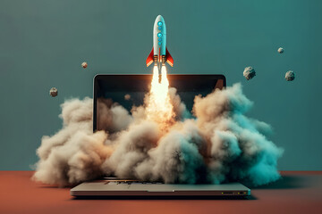 Space rocket launching from a laptop screen on a solid matte background.