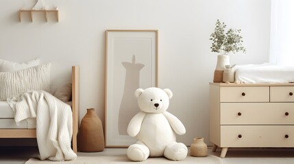 A tranquil nursery corner showcases a white dresser, handmade stuffed animals, and rustic decor elements, creating a harmonious and nurturing environment