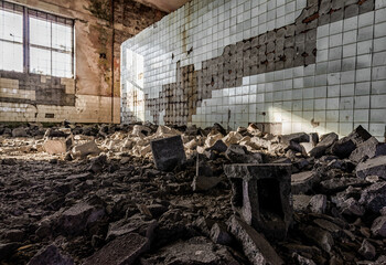 hall of an abandoned factory after the bombing in Ukraine