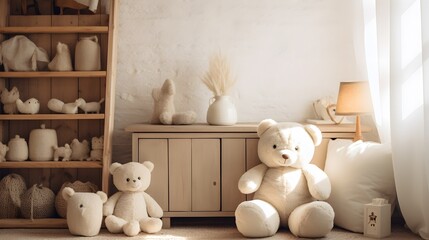 A tranquil nursery corner showcases a white dresser, handmade stuffed animals, and rustic decor elements, creating a harmonious and nurturing environment - obrazy, fototapety, plakaty