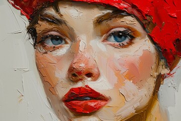 Painting Artwork Portrait of a Woman in a Red Beret - Close Up in Light White and Brown Shaped Canvas Style - Female Paint Art Background created with Generative AI Technology