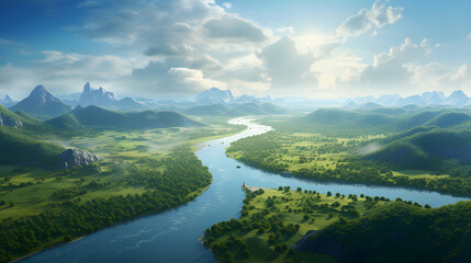 Fototapeta na wymiar A river in the mountains,, Aerial Canopy View Daylight Forest 