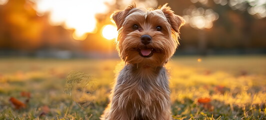 happy yorkshire terrier in the autumn grass