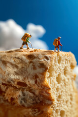 miniature people hiking on a rock which is a loaf of bread
