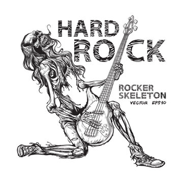 Hand Drawn Of Skeleton Musician Rocker Playing Guitar Images, Illustration, Poster, Postcard, Vector , Tshirt, ceramic. 