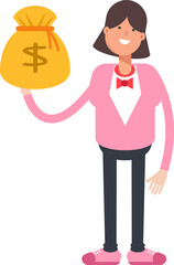 Woman Character Holding Dollar Sack
