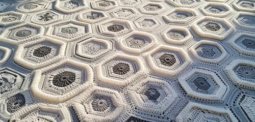 the mesmerizing details of a hexagon motif crochet creation, capturing the interplay of light and shadow that accentuates its intricate and captivating design.