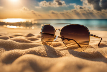 Fototapeta na wymiar Sunglasses on Sunny Beach Sand