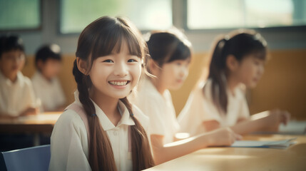 Bambina di origini asiatiche sorridente in una classe di una scuola elementare durante una lezione - obrazy, fototapety, plakaty