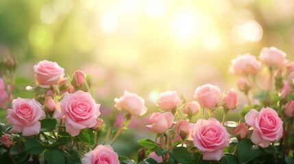 Lush pink roses basking in the warm, golden sunlight of a serene garden