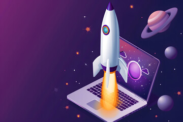 Vector illustration of a space rocket launching from a laptop screen against a solid matte background.