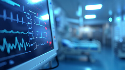 A heart monitor screen showing vital signs, with a blurred hospital room in the background, hospital, dynamic and dramatic compositions, with copy space - obrazy, fototapety, plakaty