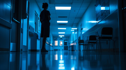 An image capturing the quiet intensity of a night shift, with a nurse silhouetted against a nursing station, hospital, dynamic and dramatic compositions, with copy space